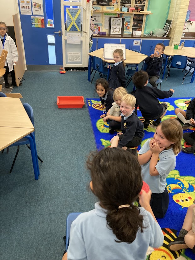 Sight investigation- throwing bean bags into a tray blindfolded.